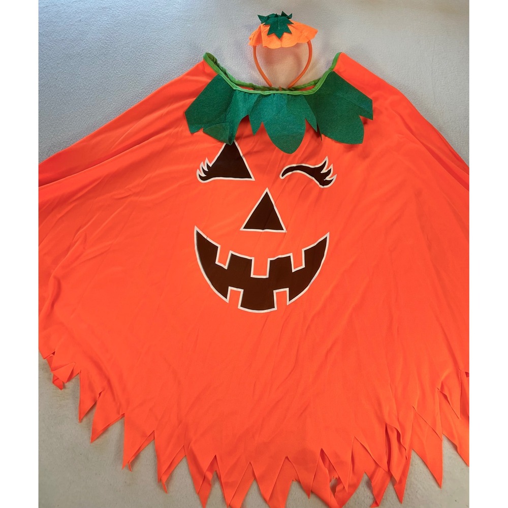 Kids Pumpkin Jack-O-Lantern Costume Poncho Cape with Headband Orange 2T-6T